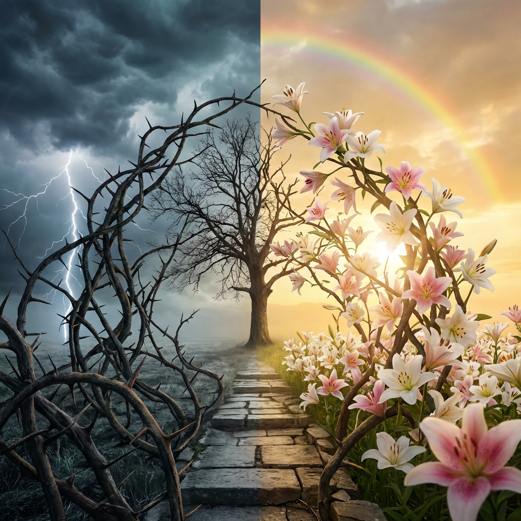Stone path between a dark, thorny landscape and a bright, blooming garden with a rainbow.