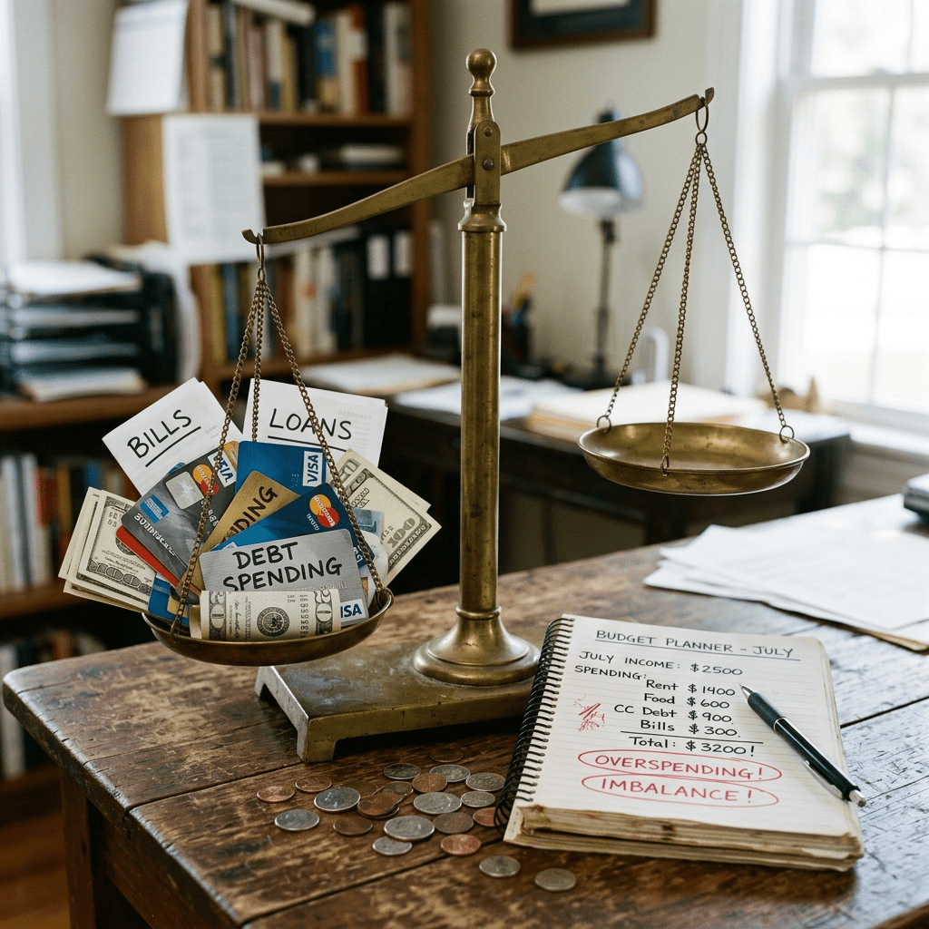 Balance scale with debt and bills on one side and empty on the other