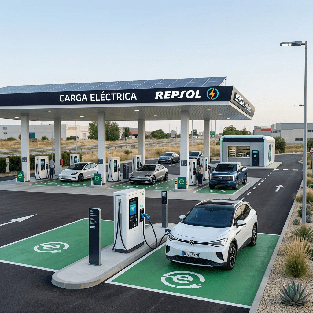 Electric cars and a pickup truck parked at Repsol electric vehicle charging stations with green marked parking spaces.