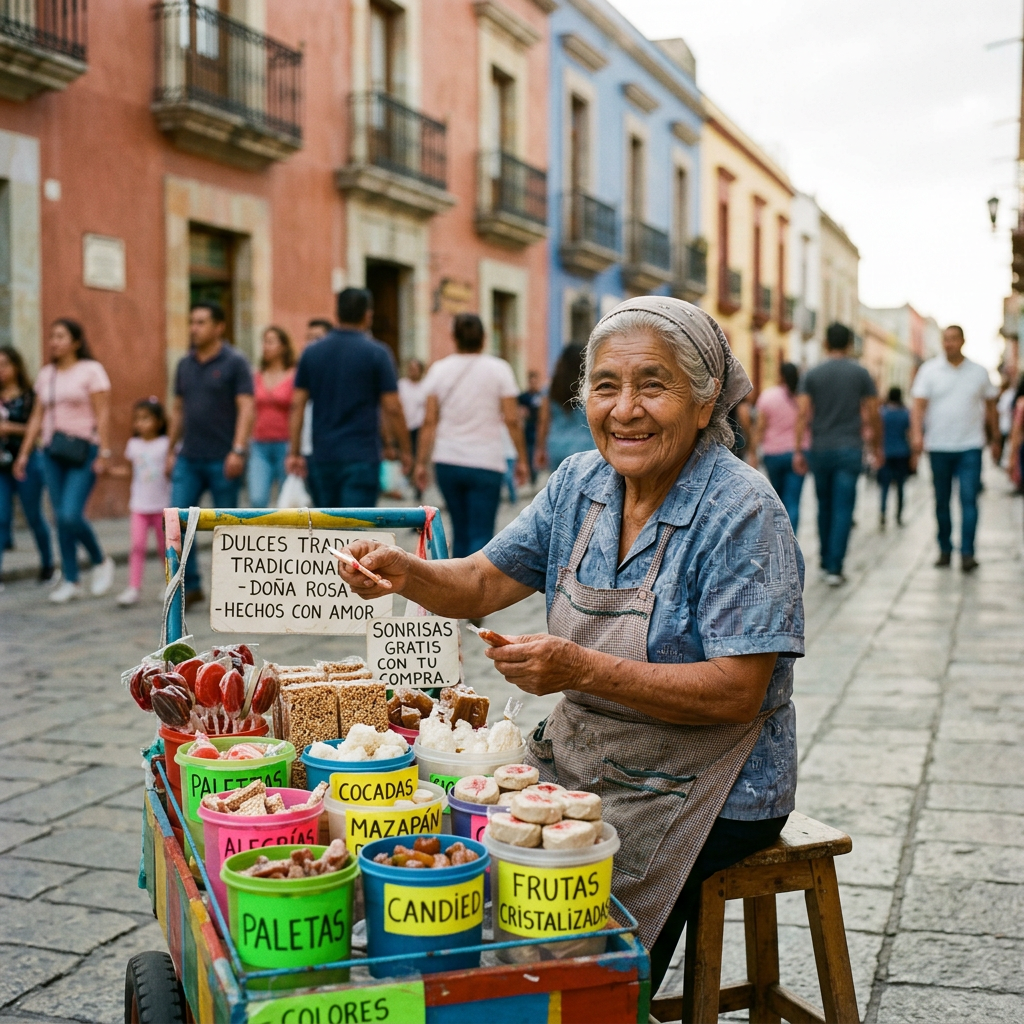 Elderly woman sitting with a cart of traditional Mexican sweets labeled with varieties and selling with a smile.