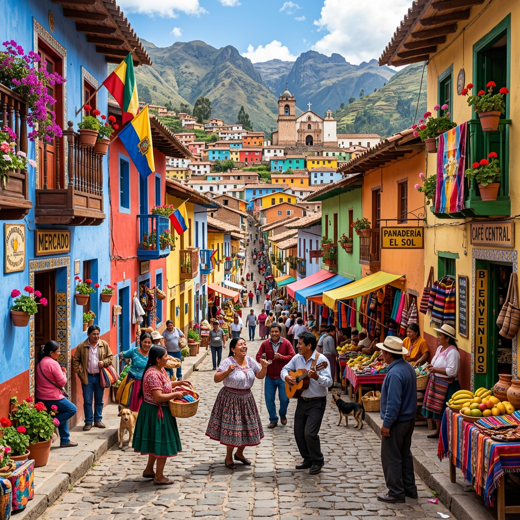 Bustling marketplace street in an Andean town with colorful buildings, local vendors, musicians, and mountain backdrop