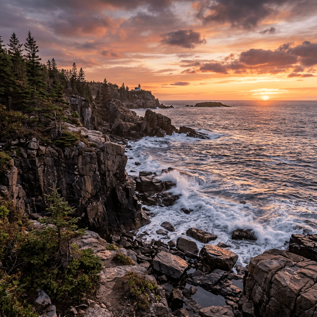 Rocky coastal cliffs with waves crashing and orange sunset sky with lighthouse in the distance