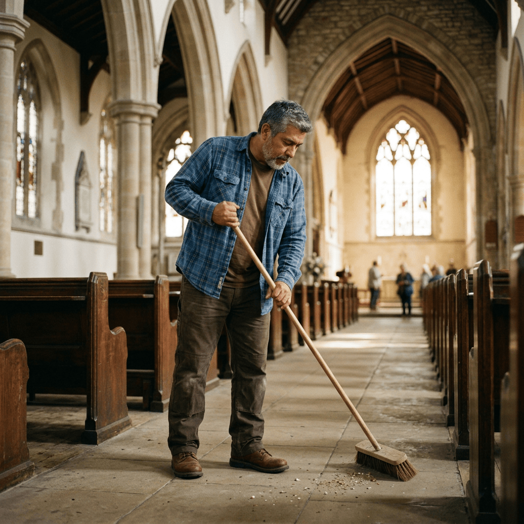 Caretaker sweeping a church aisle beneath vaulted arches and stained-glass windows