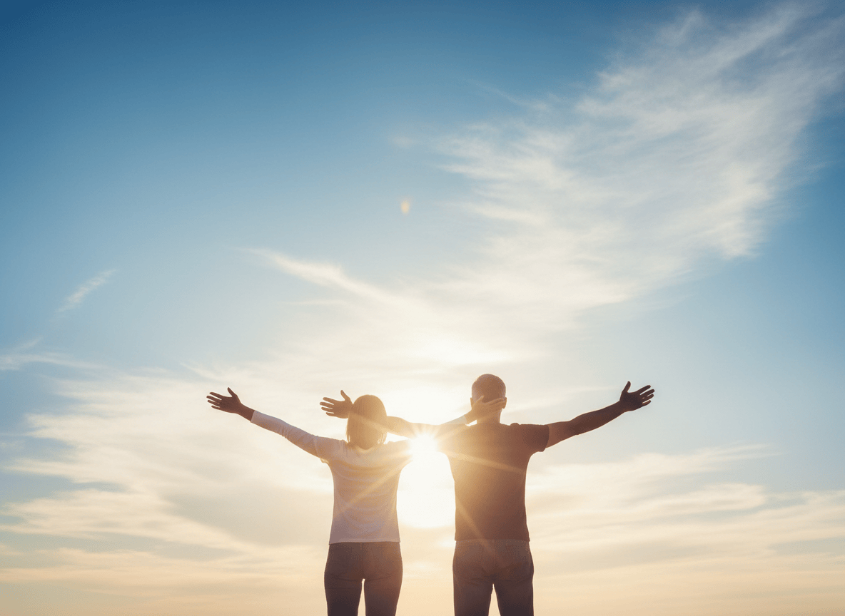 Imagen de portada inspiradora y simbólica: un hombre y una mujer adultos, de pie uno junto al otro, con los brazos abiertos hacia el cielo, expresando libertad y liberación. Detrás de ellos aparece un sol radiante que ilumina la escena, con cielo amplio y luminoso, atmósfera esperanzadora, composición equilibrada y espacio visual para colocar un título. Estilo fotográfico artístico, cálido y emotivo, sin texto ni logotipos.