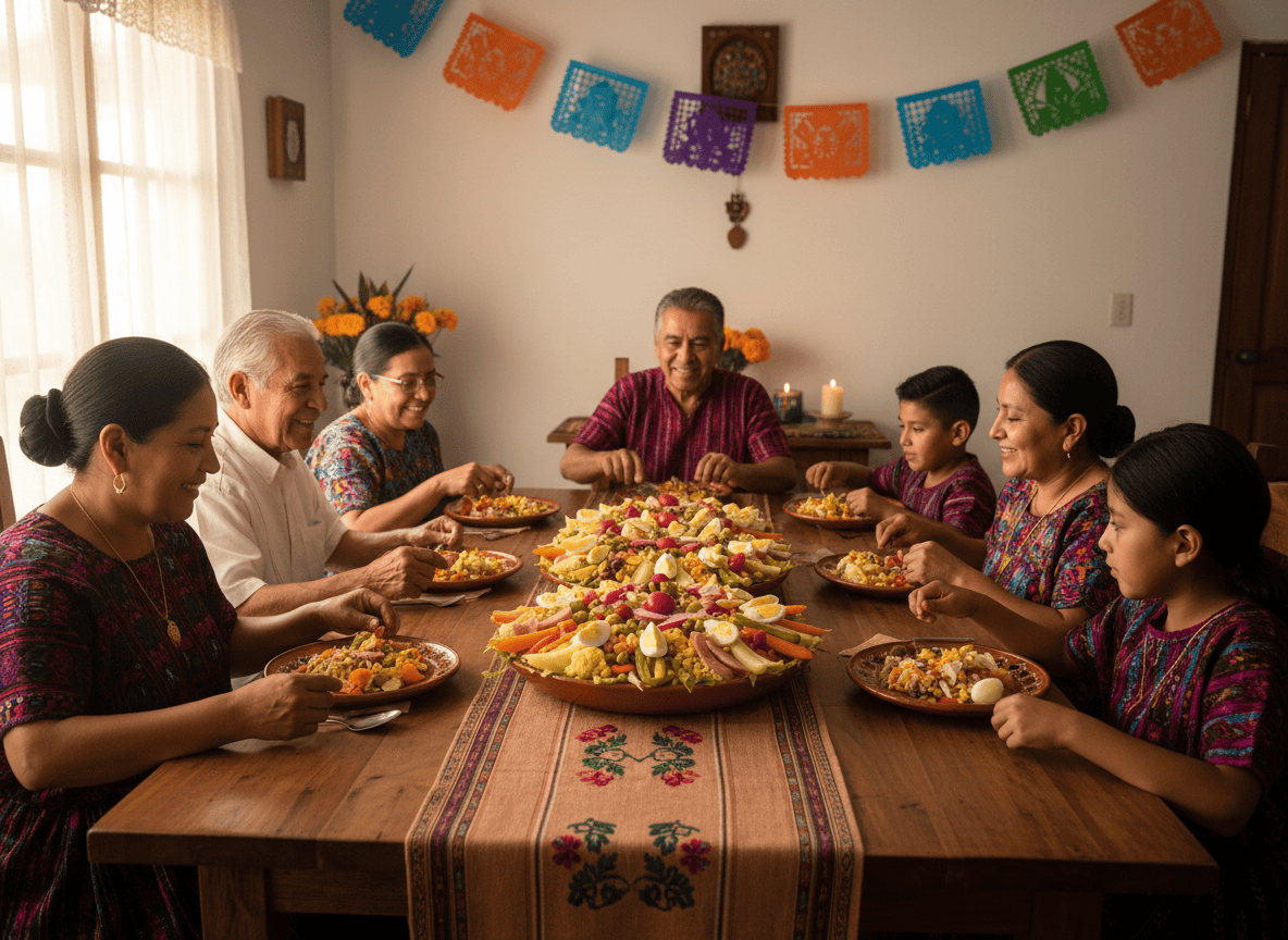 Fotografía editorial cálida y auténtica de una familia guatemalteca de varias generaciones reunida alrededor de una mesa, compartiendo un plato tradicional de fiambre durante el Día de Todos los Santos. El fiambre debe verse claramente como una ensalada abundante y colorida con verduras, embutidos, quesos y otros ingredientes guatemaltecos, servido en platos familiares. Ambiente hogareño guatemalteco, detalles sutiles de la celebración, luz natural, expresión de unión y alegría, composición horizontal adecuada como imagen destacada para un artículo, sin texto, sin logotipos, sin marcas de agua.